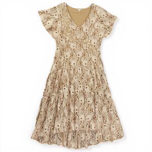 Reba Lace Overlay Midi Dress Sz M Floral Embroidered V-Neck Boho Romantic